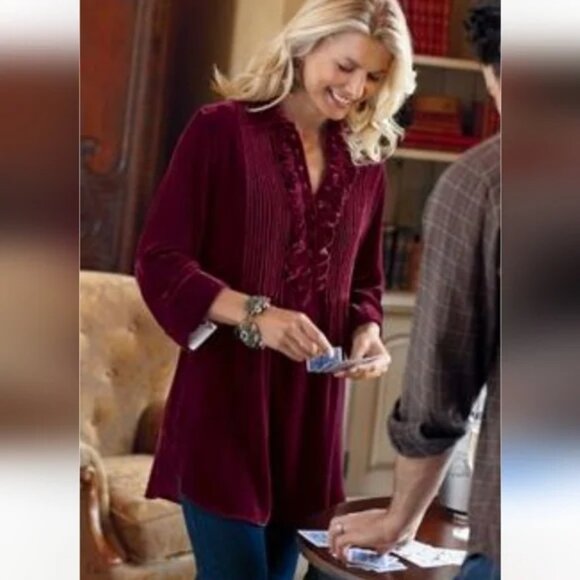 SOFT SURROUNDINGS Women's Burgundy Wine Ruffle Front 3/4 Sleeve Velvet Tunic Top - Picture 1 of 6
